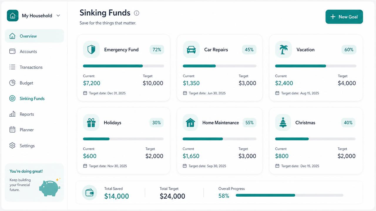 Sinking funds dashboard showing progress toward savings goals.